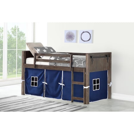 Donco Kids PD-0318TBS-B Twin Barn Door Low Loft, Brushed Shadow with Blue Tent PD_0318TBS_B